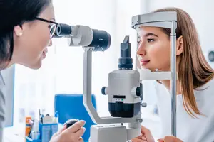 A woman is having her eyes examined by an optometrist in an office.