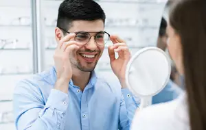 Man smiling while adjusting glasses in front of a mirror