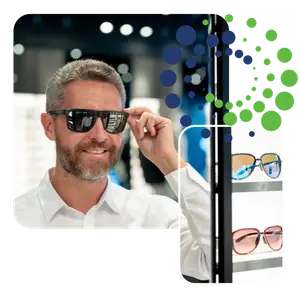 Man wearing sunglasses in front of sunglasses rack