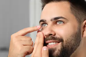A man is adjusting his contact lens with his fingers, wearing a smile on his face, and is probably posing for a photo.