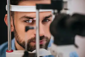 A bearded man with blue eyes is using an ophthalmoscope to check his eyes.