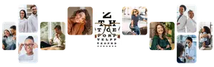 Collection of images showcasing various people in diverse settings, including optical shop, outdoor, and medical examination, with one image containing text 'Z THE FOR TELP TEPOKD'.