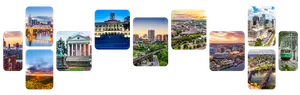 A collage of images of various cities and landmarks from different angles and times of day, including a city skyline, a bridge, a university building, a sunset, a cityscape, a city with a river, a university building, a city with a bridge, a city with a sunset, a cityscape, a city with a river, and a cityscape.