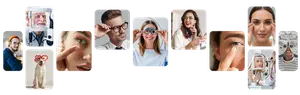 A collection of images related to vision and eye care, featuring individuals examining their eyes, wearing glasses, and interacting with optometrists.