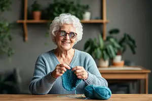 An older woman with white hair is knitting while sitting at a wooden table with potted plants on a shelf behind her.