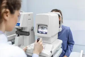 An eye doctor examining a patient's eye using an advanced ophthalmic machine in a medical office