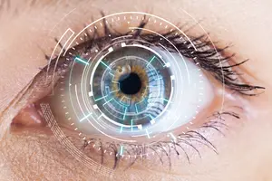 A close-up of a woman's eye with a futuristic, biometric security scan overlay, highlighting advanced healthcare technology.
