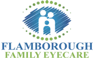 Flamborough Family Eyecare logo featuring a stylized eye with a family silhouette inside on a blue background with green dots