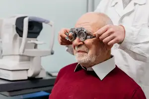 An elderly man wearing glasses is being examined by a doctor in a medical room