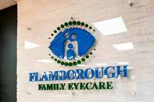 The exterior of the Flamborough Family Eyecare building is shown, featuring a blue and green logo on a white brick wall.