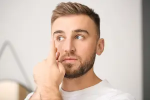 Close up of a man applying moisturizer to his face in front of a mirror