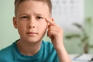 Close up of a young boy wearing a blue shirt holding his face with one hand and pointing at his eye with the other.