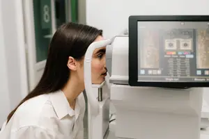 A woman with long hair wearing a white shirt is looking into an eye examination machine in an indoor setting.