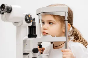 A young girl is using an eye examination device in a clinic