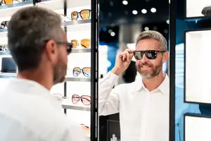 A man is trying on sunglasses in a store and looking at himself in a mirror, there are shelves with sunglasses behind him