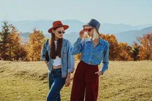 Two women wearing hats and sunglasses stand in a grassy field with trees and mountains in the background.
