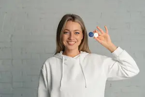 A woman holding contact lenses in her hand