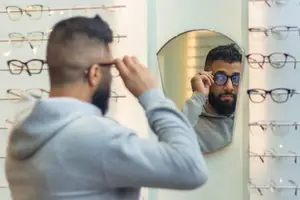 Man trying on eyeglasses at Newton Optometry Clinic