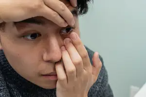 A young man wearing a gray sweater is placing a contact lens in his left eye.