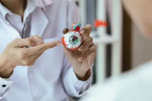 A medical professional demonstrates an anatomical model of the eye to another person