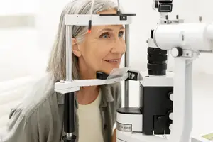 An elderly woman is having her eyes examined with a slit lamp