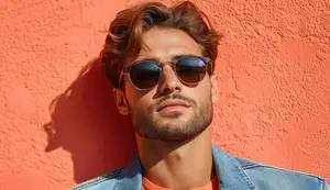 A man with a beard wearing sunglasses and a denim jacket standing against a red wall.