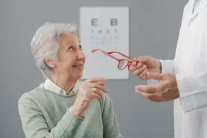 An elderly woman with gray hair and a green sweater is trying on red glasses while a man in a white lab coat is holding a pair of red glasses. Behind them is an eye chart with the letters E, B, and F on it.