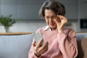 An elderly woman sitting on a couch is holding a cell phone and seems to be looking at it. She is wearing eyeglasses and has her hand on her forehead. She is probably in the living room. Behind her, there is a blurry view of a plant in a vase, a microwave, and a shelf. There is also a blurry view of a wall and a cabinet.