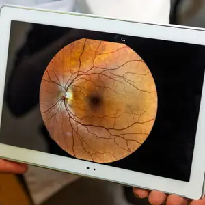 A person is holding a tablet displaying an image of an eye, likely for an eye exam.
