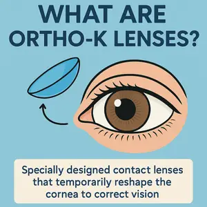Infographic explaining Ortho-K lenses, showing an illustration of an eye with a lens and the text 'What are Ortho-K lenses?'