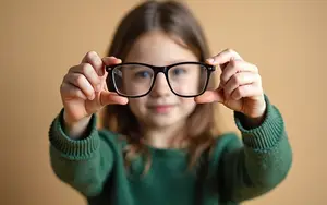 A girl wearing a green sweater holding glasses