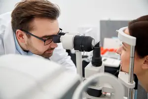 A man doctor checking a woman's eyes with a microscope