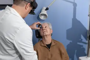 An eye doctor using a slit lamp to examine an older woman's eyes.