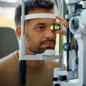 man having retina eye exam by optometrist