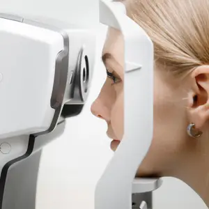 woman looking through eye exam equipmen t