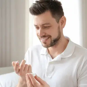 man at home with contact lens on finger