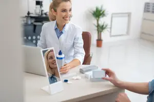 Smiling woman in a lab coat at a desk with contact lens supplies, reflecting in a mirror.