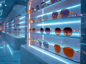 A display of various sunglasses on illuminated shelves with a blue and orange ambiance, creating a futuristic and stylish atmosphere.