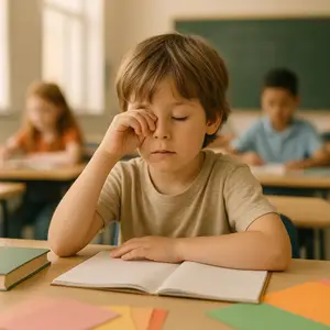 A boy is sitting at a desk in a classroom and seems to be sleeping with his eyes closed and his hand on his forehead. There is a girl and a boy sitting behind him and looking at something on the desk.