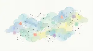 A watercolor illustration of clouds with geometric shapes and a network of lines, possibly representing cloud computing technology