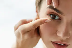 A woman wearing contact lenses while looking into the mirror.