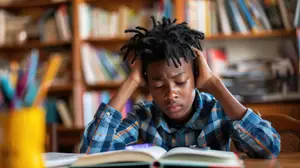 A young boy sits at a desk with his head in his hands while looking at an open book in a classroom.