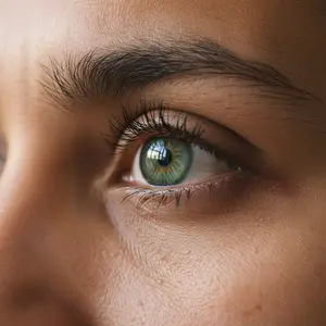 Close-up of a woman's eye with green iris and eyelashes