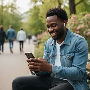 A man is sitting on a bench and smiling while looking at his cell phone.