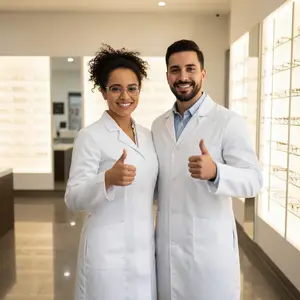two optometrists giving thumbs up in a modern optical shop