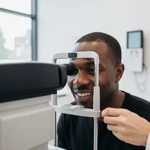 A man smiles at the camera while getting an eye exam from an optometrist.