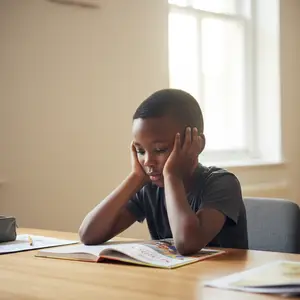 A young boy is sitting at a desk, holding his head with both hands, and looking down at a book.
