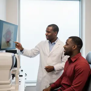 A doctor in a lab coat is showing a patient a diagram of an eye on a computer screen.