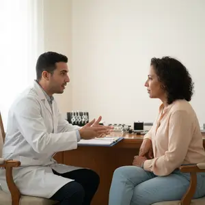 A doctor is talking to a patient in a clinic. The doctor is wearing a white lab coat, and the patient is wearing a pink shirt. There are several items on the desk in front of them, including a book, a pen, and a black object. The room is well-lit and has a white wall and a window with a white curtain.