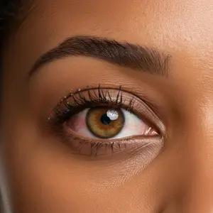 A close up of a woman's eye with brown and green eye color and long eyelashes